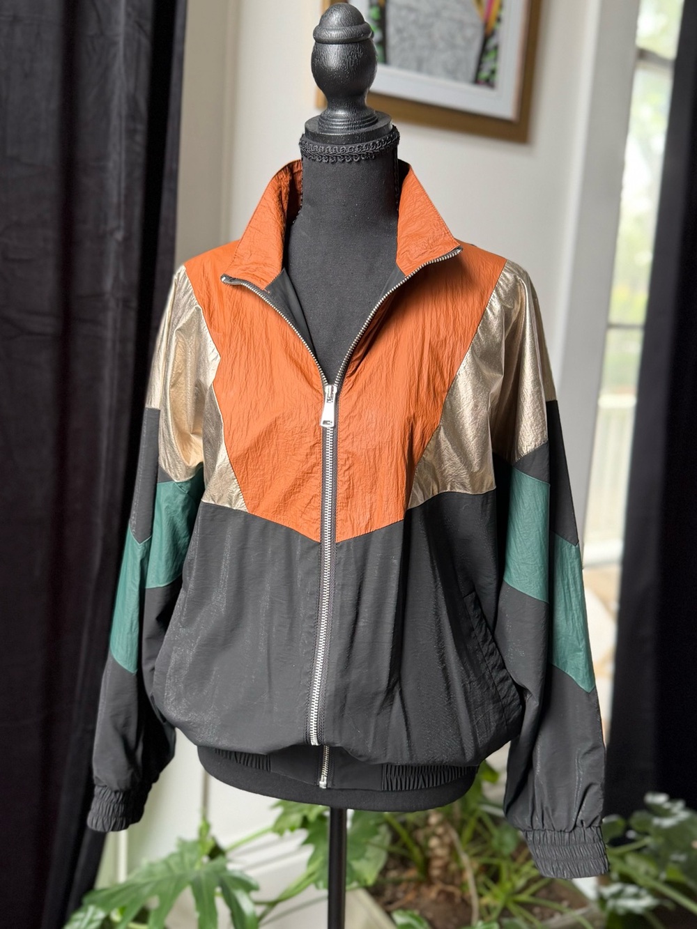 Zara Colorblock Bomber Jacket - Black, Rust & Teal